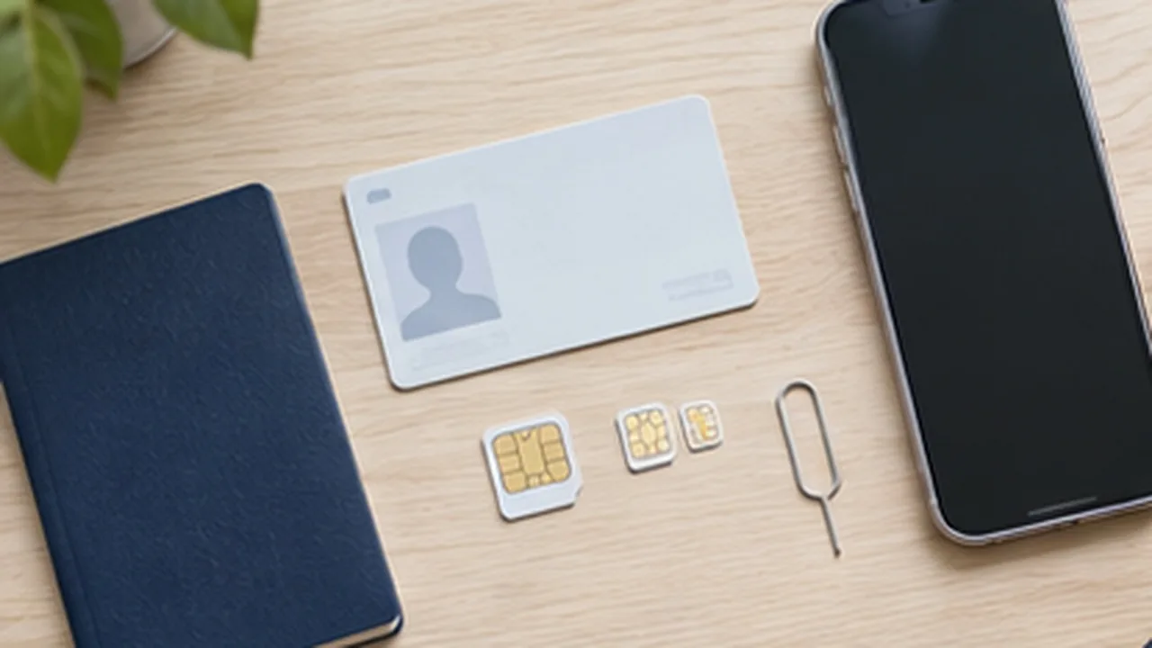 SIM cards, a phone, a passport and an ID card on a desk