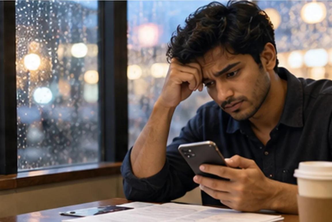 A man reading his phone with a printed contract on the table