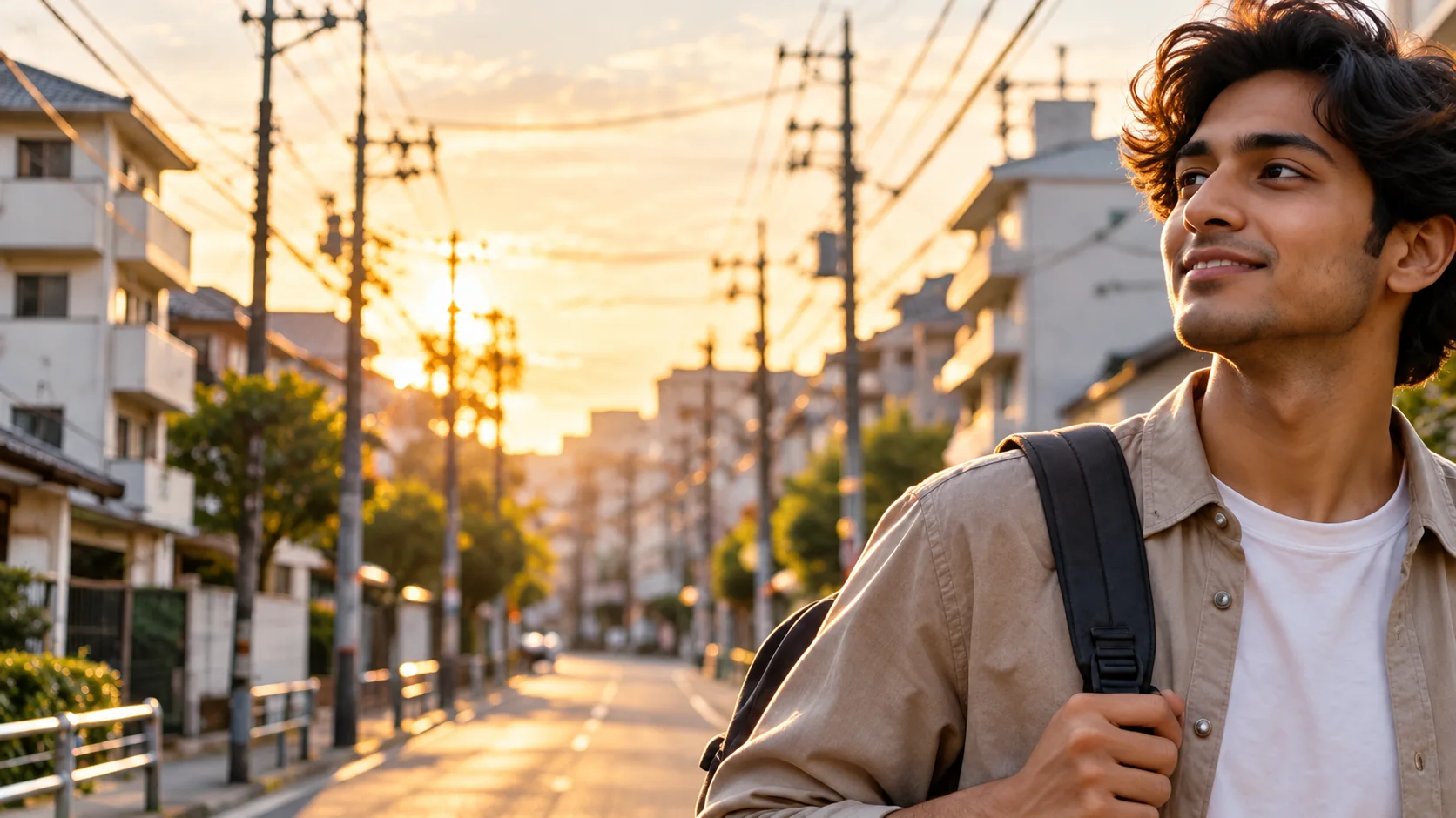 A young man walking down a quiet Tokyo street at sunset