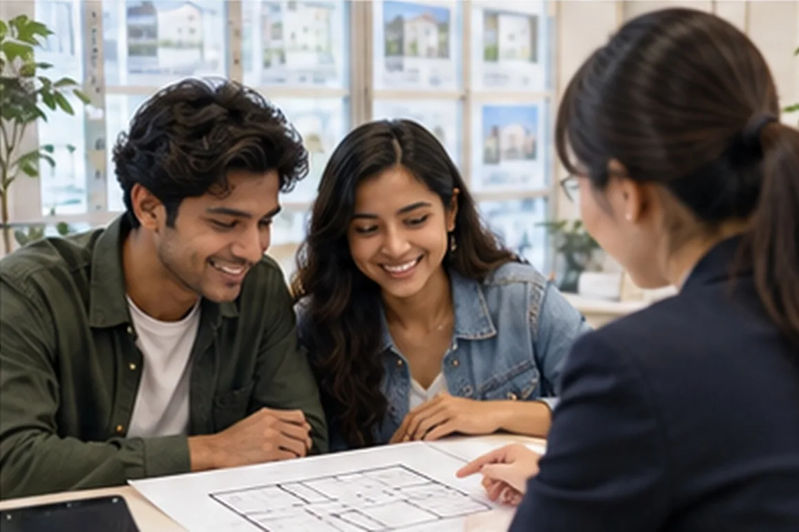 A young couple reviewing a floor plan with a real estate agent