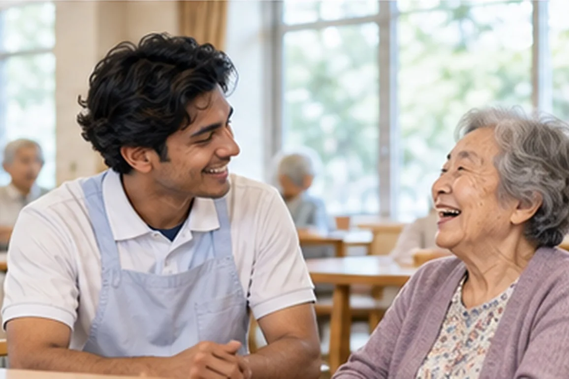 A care worker laughing with an elderly resident in a care home