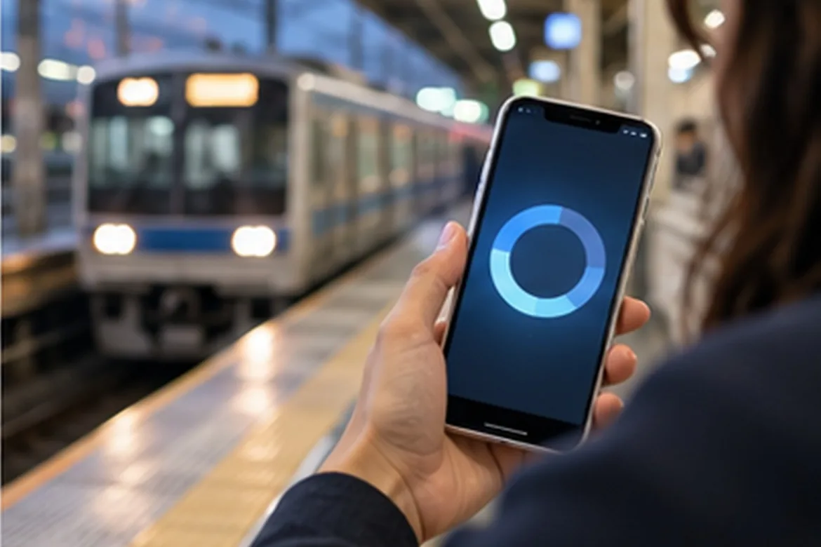 A person checking data usage on a phone at a train platform