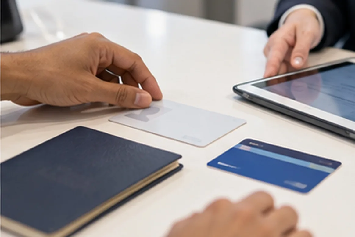 An ID card, passport and bank card on a counter next to a tablet