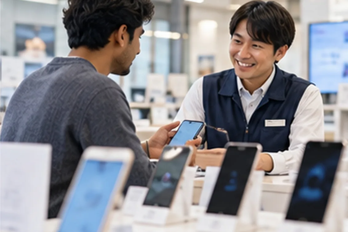 A customer talking with staff at a mobile phone shop in Japan