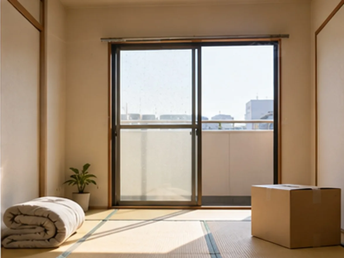 An empty tatami room with a rolled futon and a moving box
