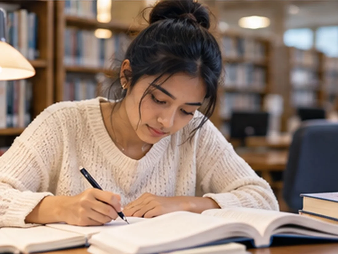 A woman studying Japanese at a library desk