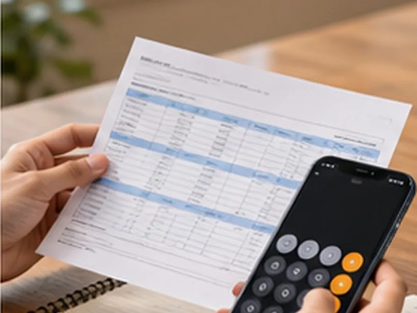 Hands holding a Japanese salary slip and a phone calculator
